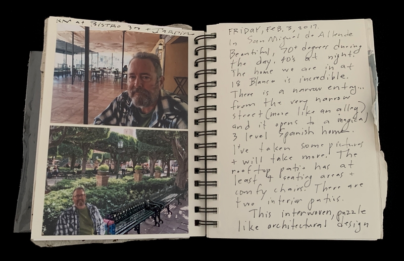 A travel journal entry from February 3, 2017, featuring a man at a bistro and a park in San Miguel de Allende, Mexico.