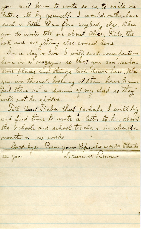 Handwritten 2 page letter from Lawrence Bruner to Helen Bruner, "I don't have much time to write you a letter now, but will send a few words along with this one to Mamma."