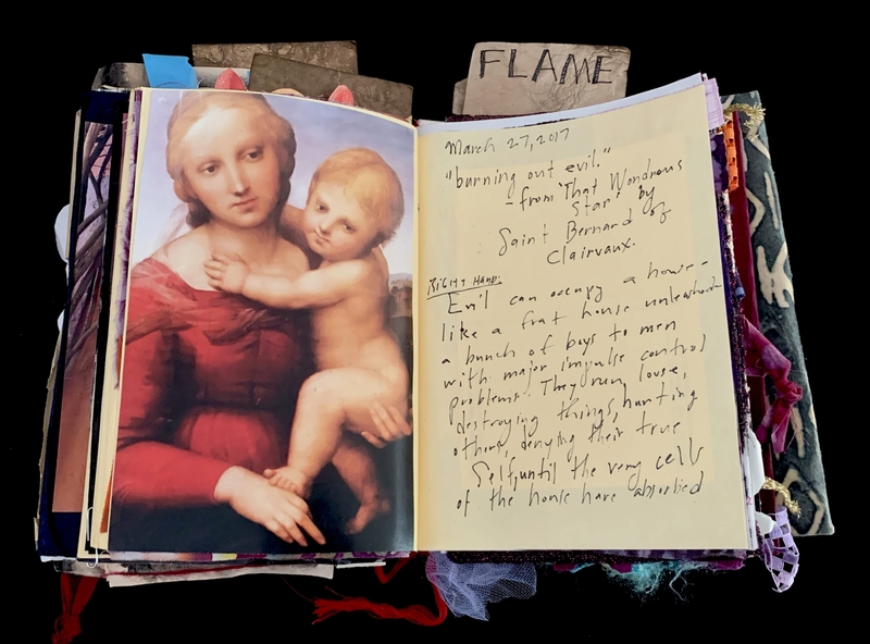 A journal page featuring a religious painting and handwritten notes.