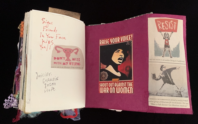 A collage of protest and feminist-themed artwork, including a poster with the text "Raise Your Voice! Shout Out Against the War on Women."