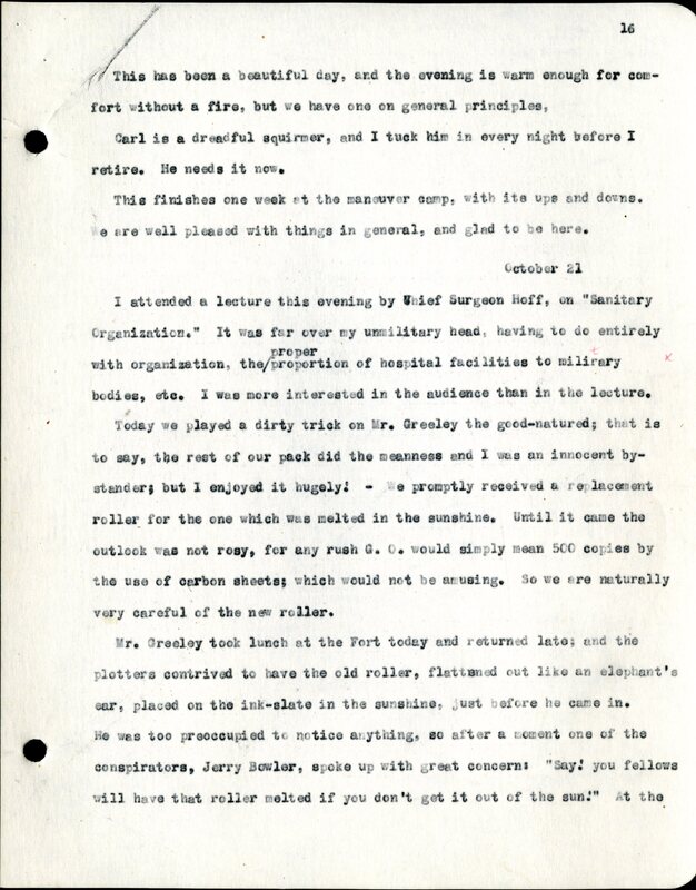 Frank H. Shoemaker typescript, 28 pages, titled "At Fort Riley, Kansas" on activities at Fort Riley between Oct. 12-29, 1903.