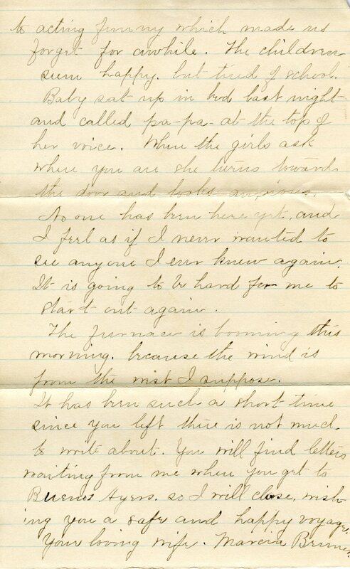 Handwritten 2 page letter from Marcia Bruner to Lawrence Bruner, "Everything is the same as it was where you left."