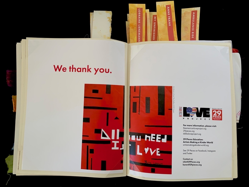 Open journal with a thank you message, artwork, and text about "The American Love Project."