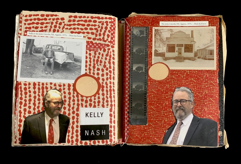 Open scrapbook with images of a person, a store, filmstrip, and text "KELLY NASH" on patterned pages.