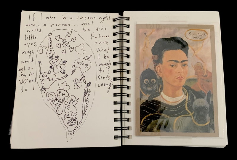 A sketchbook page featuring a handwritten poem and a photograph of Frida Kahlo.