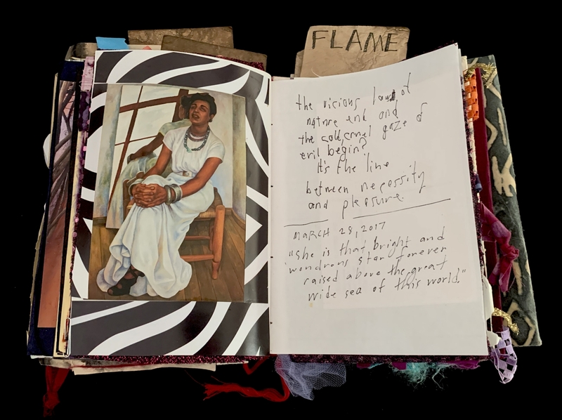 A mixed-media page featuring a photograph of a seated figure in white attire, accompanied by handwritten text and decorative elements.