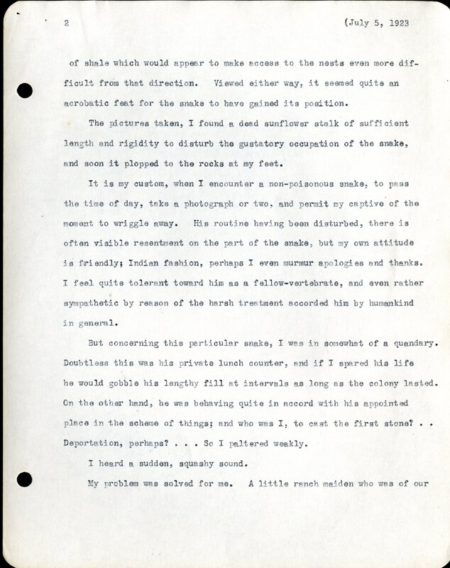 Frank H. Shoemaker, typescript, 3 pages, on snake hunting in Cliff Swallow nests, with an accompanying note and photo.