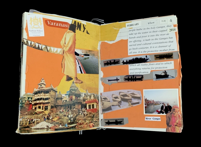 Open scrapbook with collaged images and text about Varanasi and the Ganges River.