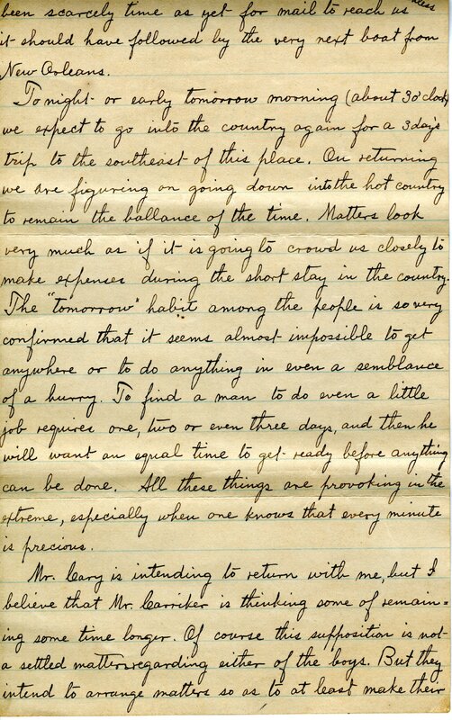 Handwritten 4 page letter from Lawrence Bruner to Marcia Bruner, "We, Mr. Leary and I, have returned from a trip…"