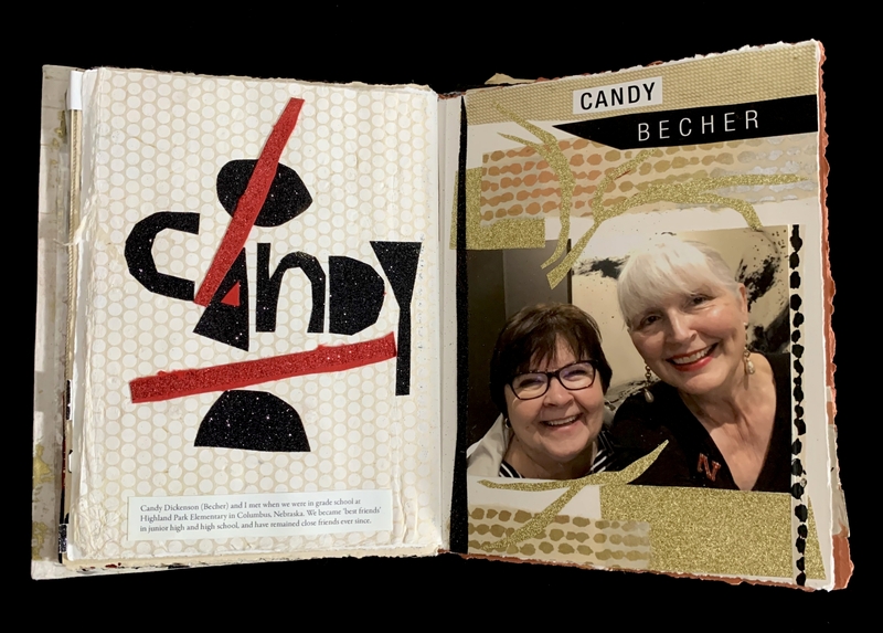 An open scrapbook with a stylized "candy" design and a photo of two women.