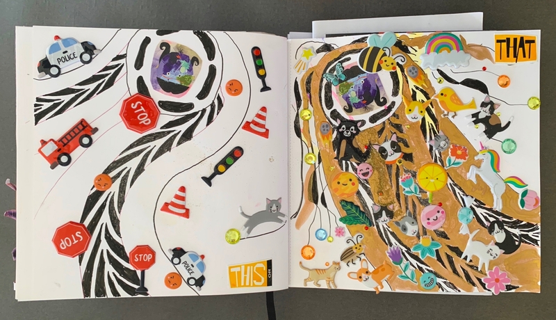 A whimsical, hand-drawn page featuring a zebra-striped background with various playful elements and text.