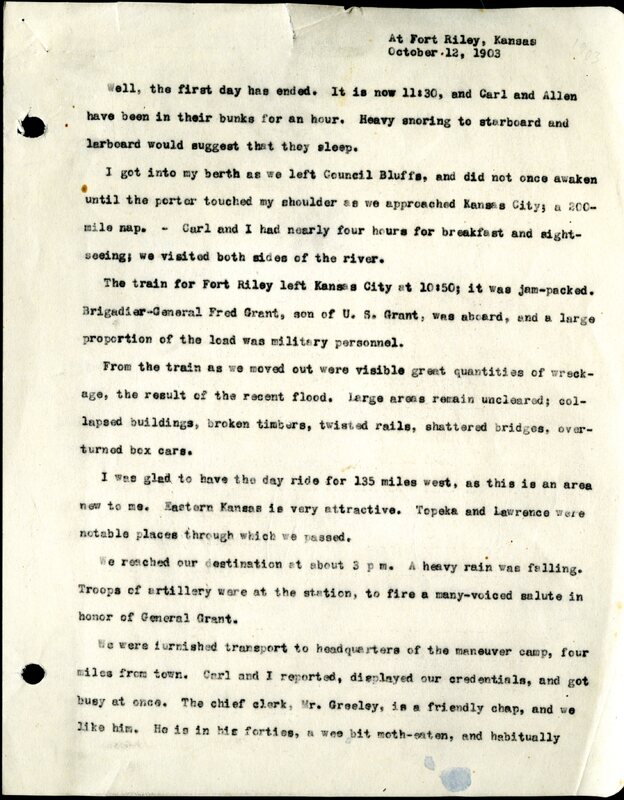 Frank H. Shoemaker typescript, 28 pages, titled "At Fort Riley, Kansas" on activities at Fort Riley between Oct. 12-29, 1903.