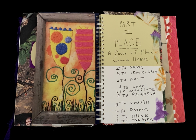 A mixed-media page featuring a colorful painting, handwritten text, and a list of activities associated with a sense of place.