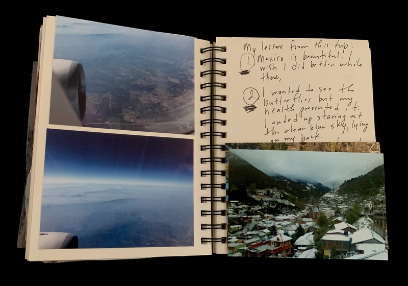 A travel journal page featuring aerial photographs and handwritten reflections on a trip to Mexico.
