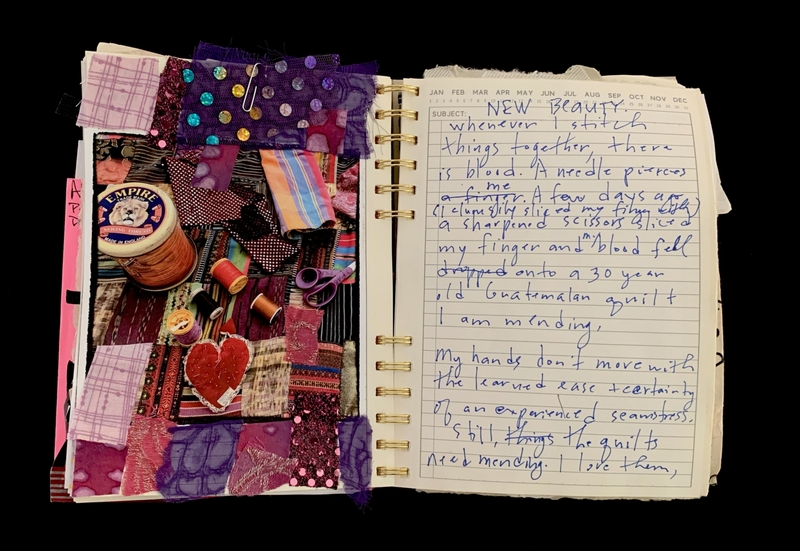 A journal page featuring a collage of fabric scraps and sewing supplies alongside handwritten reflections on mending and creativity.