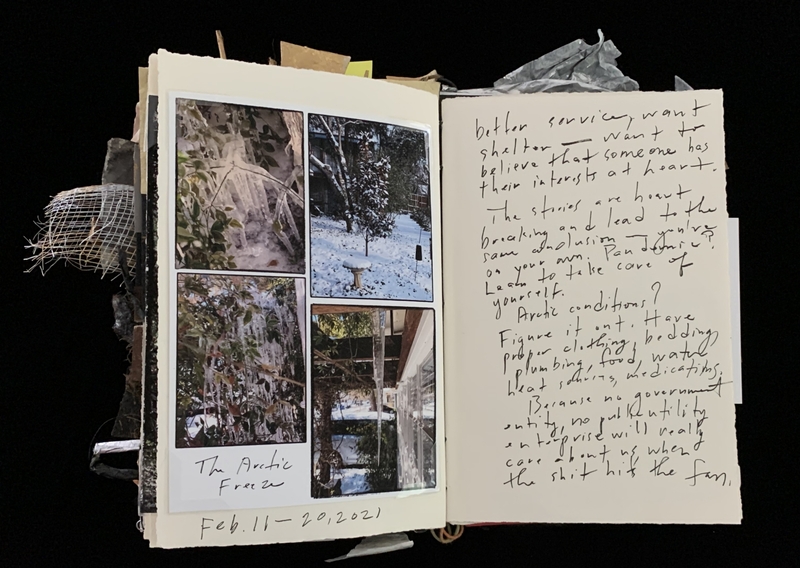 A journal entry featuring photographs of icy landscapes and handwritten reflections on harsh living conditions.