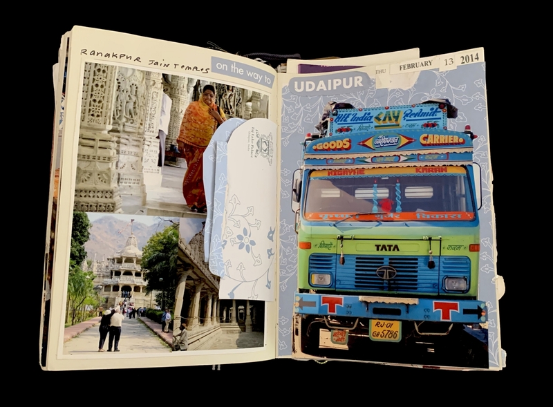 Open scrapbook with temple photos on the left and a colorful truck image on the right.