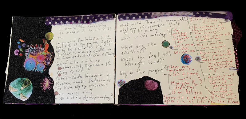 A journal page featuring handwritten notes, abstract art, and colorful circular cutouts.