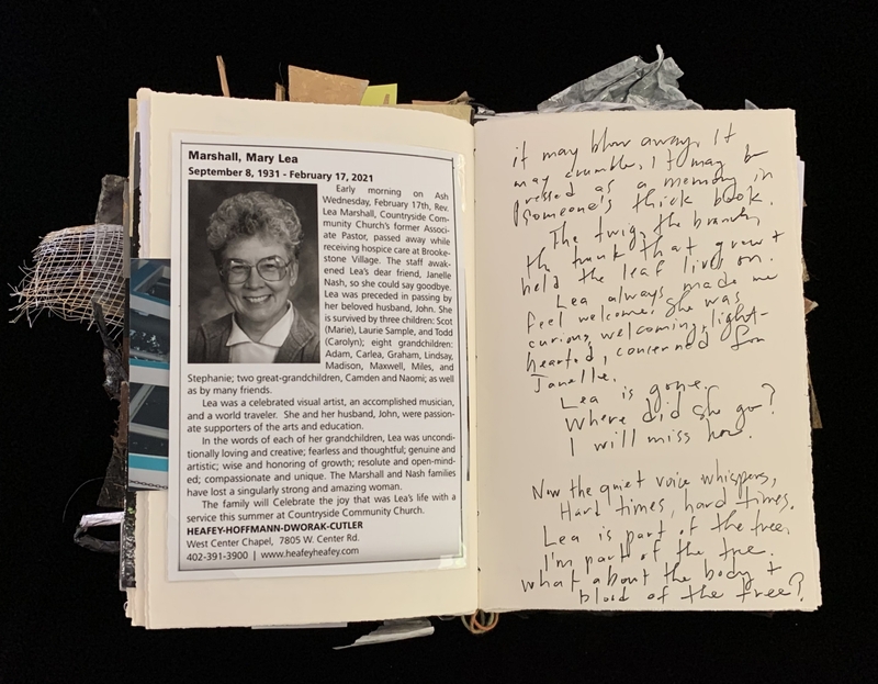 A memorial page featuring a photograph of Rev. Mary Lea Marshall, along with handwritten notes and a folded piece of paper.