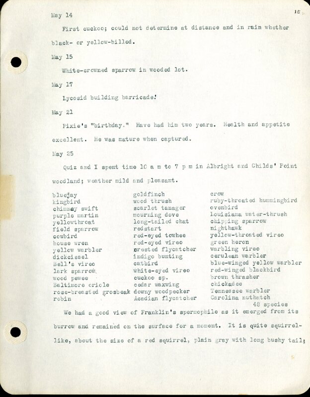 Frank H. Shoemaker typescript, 46 pages, detailing bird sightings, field trips, photography, and associated activities in Omaha, Nebraska.