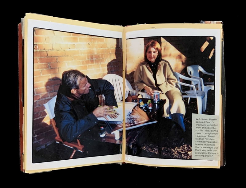 A photograph of two individuals seated outdoors, with one person holding a drink and the other engaged in conversation, accompanied by a caption discussing creativity and imagination.