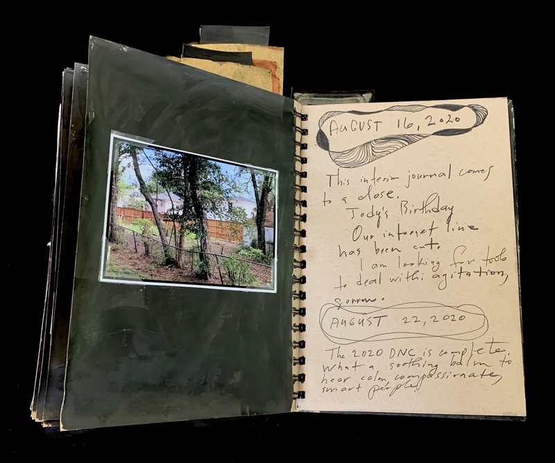 A handwritten journal entry dated August 16, 2020, with a photograph of a backyard scene and additional notes on August 22, 2020.