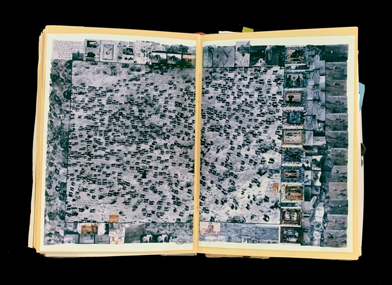 A collage-style page featuring a large aerial photograph of a cemetery with numerous tombstones and smaller images and text fragments scattered around the edges.