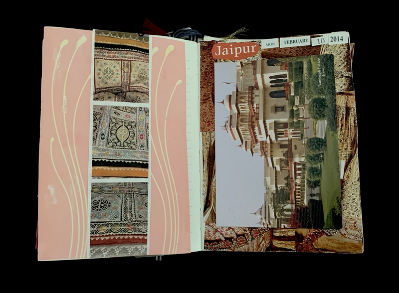 An open scrapbook showing textile patterns and a postcard of Indian architecture labeled "Jaipur."