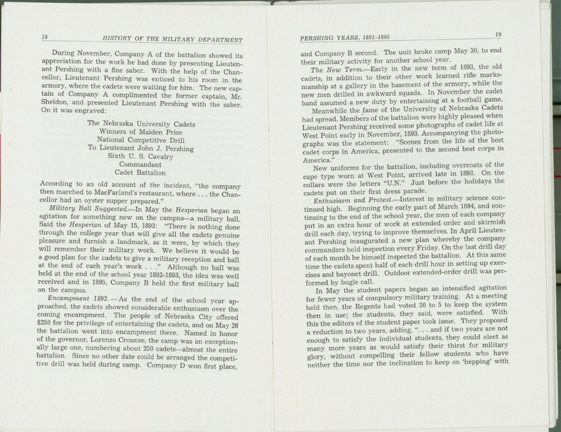 A couple of pages from the book History of the Military Department in the chapter Pershing Years