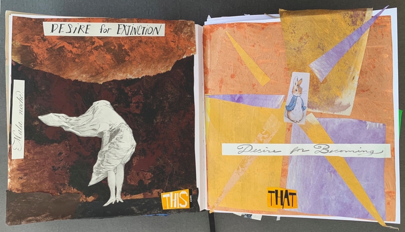 A collage-style journal page featuring abstract shapes and a figure with flowing hair, juxtaposed with text elements.
