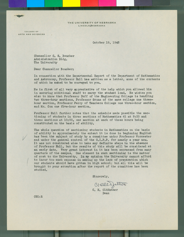 The letter describes the changes that have occurred in the mathematics program.  Most importantly, Oldfather states that he believes the college should not make up for the lack of preparation provided by high schools.