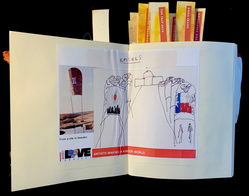 Open journal with a photograph and drawing; tabs labeled with various titles are visible.