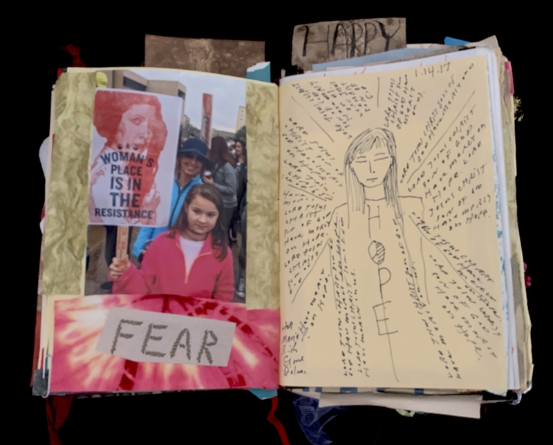 A collage of personal and political imagery, including a protest sign, a drawing of a woman, and handwritten notes.