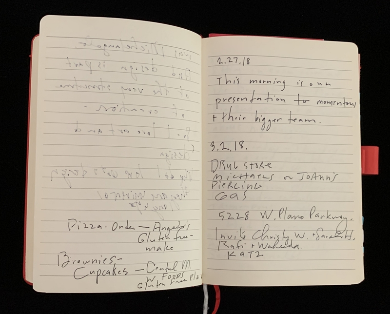 Open notebook with handwritten notes in ink and pencil on lined pages.