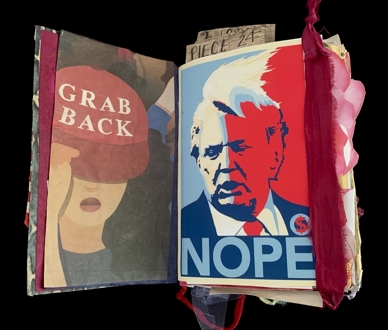 A political collage featuring a blindfolded figure with "GRAB BACK" and a face with "NOPE" and a dollar sign.