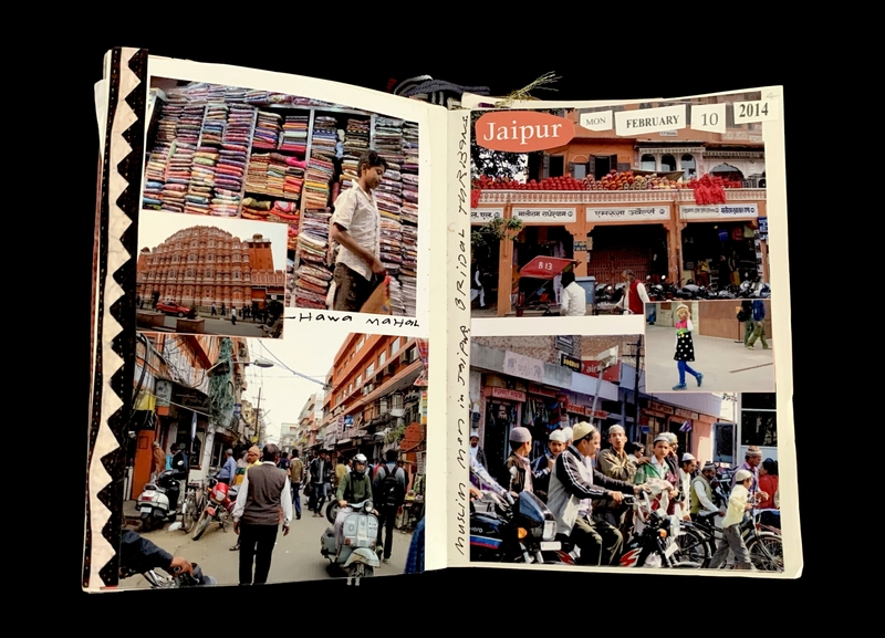 Scrapbook pages with photos of Jaipur, featuring Hawa Mahal, street markets, textiles, and people.