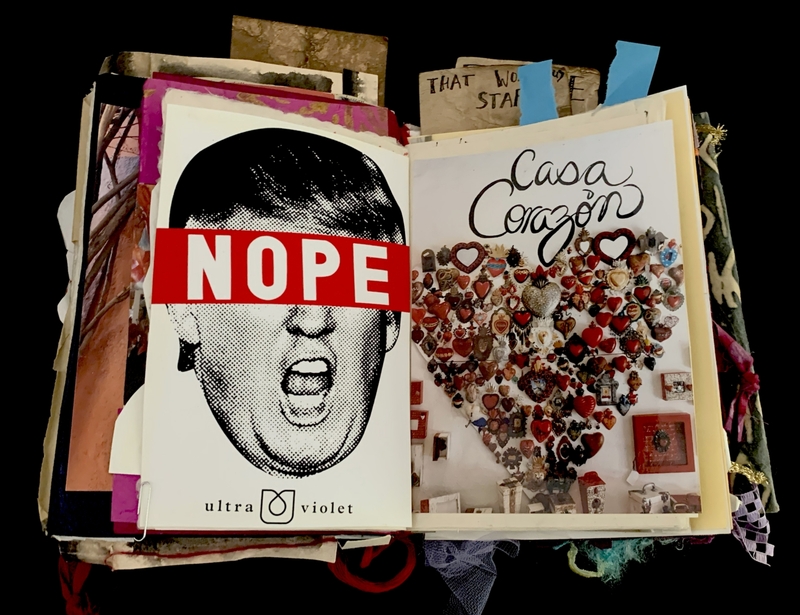 A collage page featuring a bold "NOPE" graphic and a heart-shaped arrangement of various items.