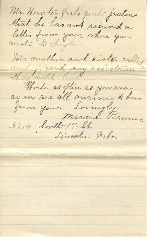 Handwritten 6 page letter from Marcia Bruner to Lawrence Bruner, "I will try to write every Sunday as not to..."