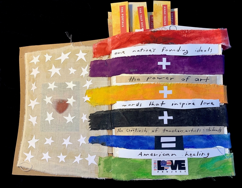 An open journal featuring a fabric with stars and colored strips with handwritten text, alongside bookmarks and a sticker.