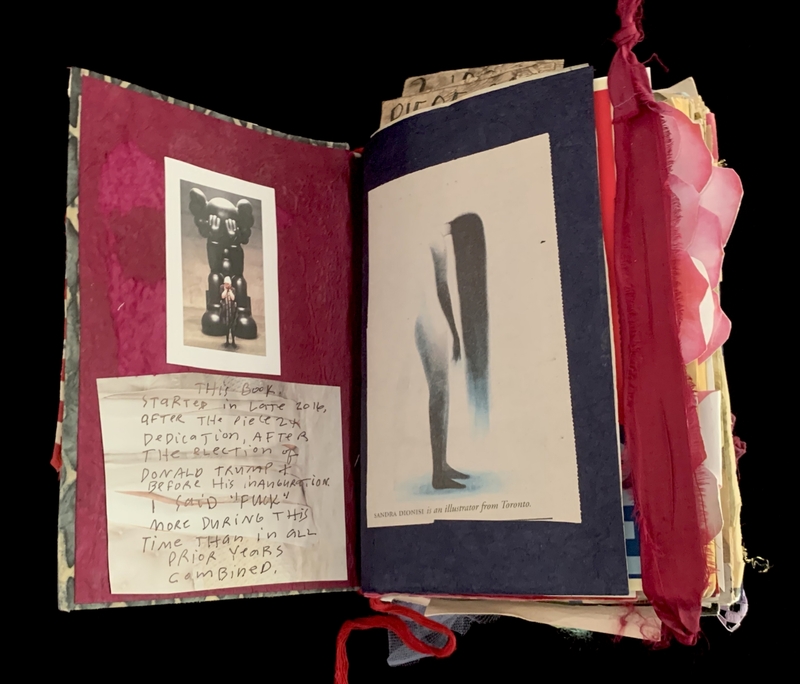 A scrapbook page featuring a photograph of a KAWS sculpture, a handwritten note, and a drawing of a human figure.