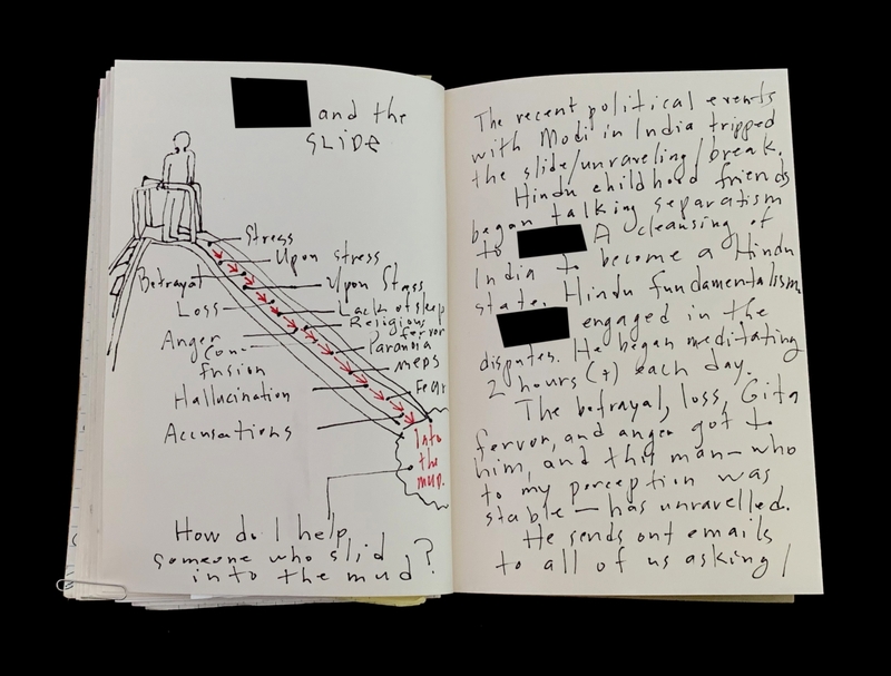 Open notebook with a sketch of a slide and handwritten notes about political and personal unraveling.
