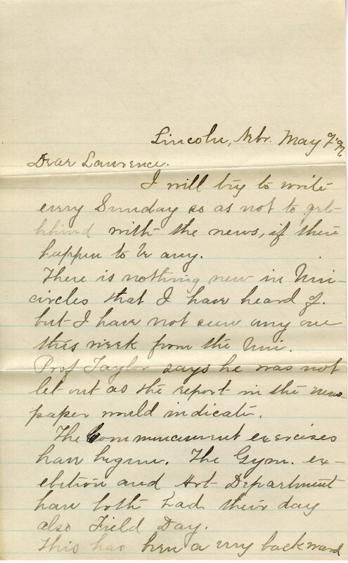 Handwritten 6 page letter from Marcia Bruner to Lawrence Bruner, "I will try to write every Sunday as not to..."