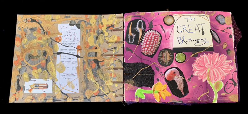 A mixed-media art piece featuring a receipt, abstract patterns, and the title "The GREAT Blossoming."