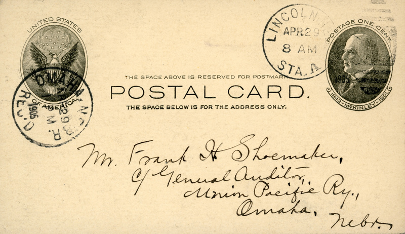 Handwritten postcard from Robert H. Wolcott to Frank H. Shoemaker, "Will arrive Omaha, with medical excursion, tomorrow morning at 7:30 (approximately)."