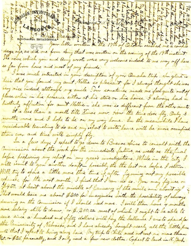 Handwritten 2 page letter from Lawrence Bruner to Marcia Bruner, "Your letter written on the 17th of October reached me a couple days ago..."
