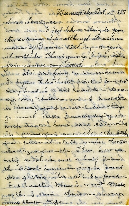 Handwritten 6 page letter from Amy Bruner to Lawrence Bruner, "I feel like writing to you this evening…"