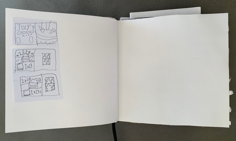 A hand-drawn journal page with three distinct sections, each containing simple sketches and text.
