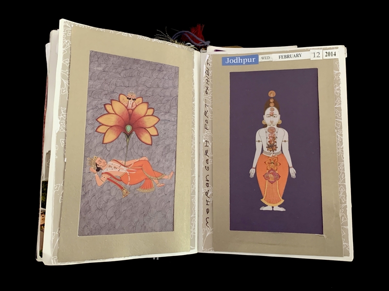 Two-page spread with artistic illustrations; a reclining figure beneath a large flower on the left, and a stylized standing figure on the right.