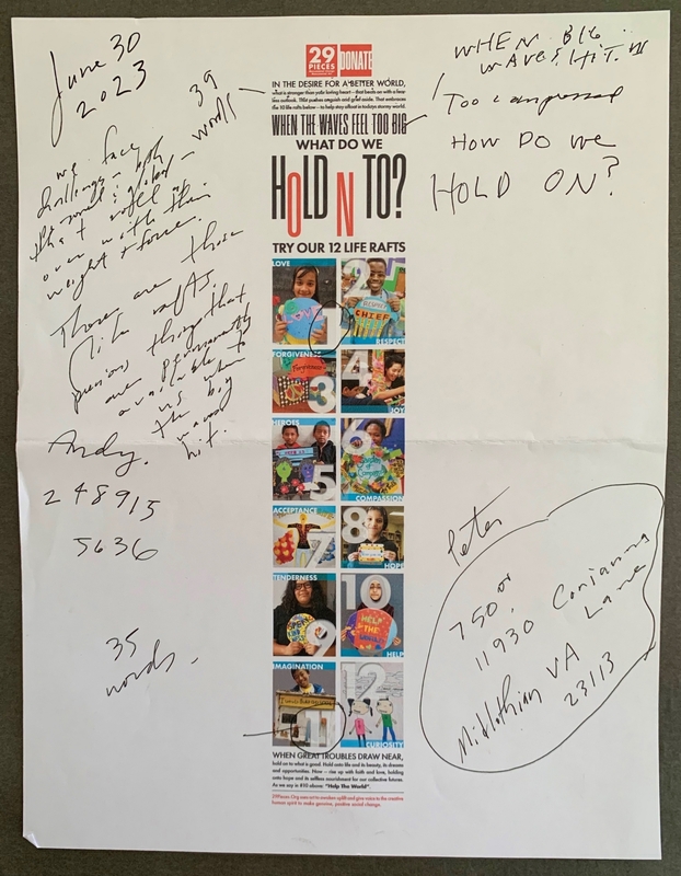 A handwritten journal page with various notes, doodles, and a central advertisement for "12 Life Rafts."