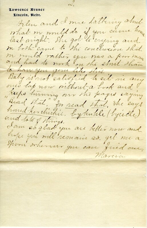Handwritten 11 page letter from Marcia Bruner to Lawrence Bruner, "The letter you wrote June 27 got here…"
